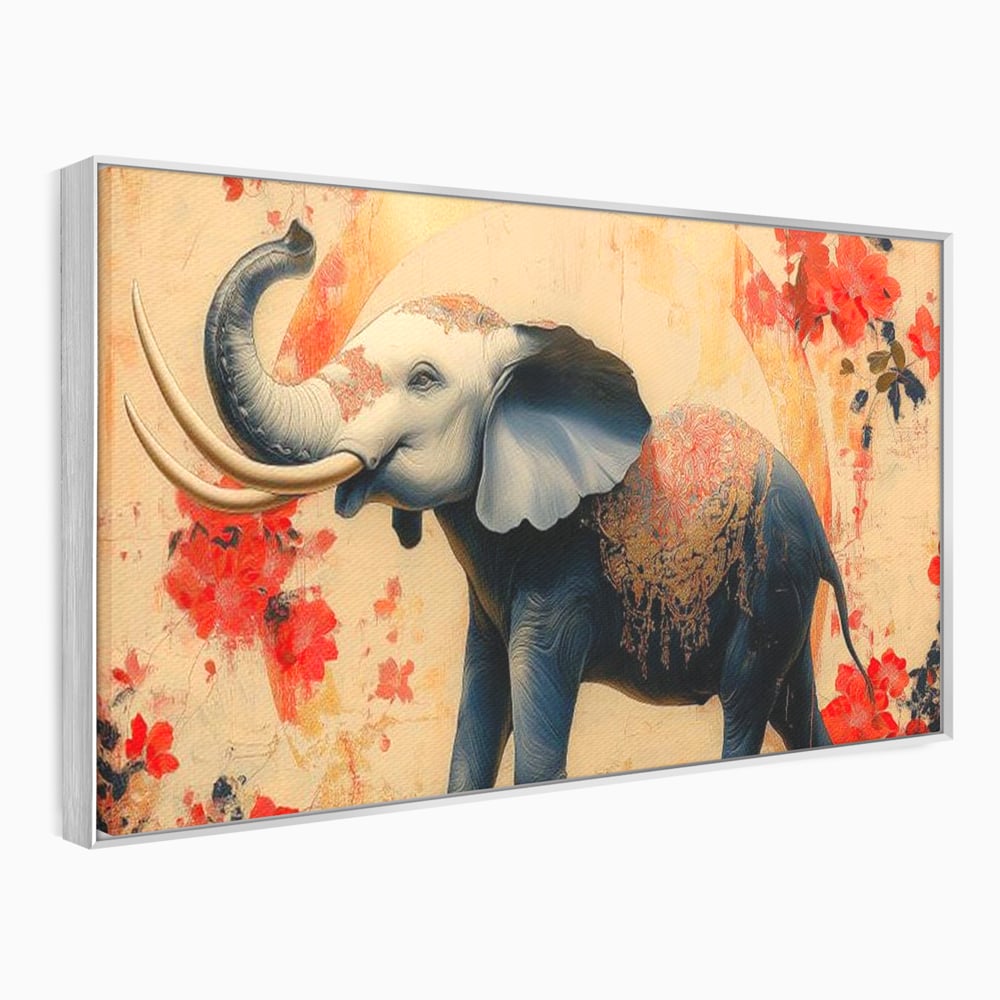 Tablou canvas cu tablou canvas cu elefant albastru, in rama de aluminiu argintiu